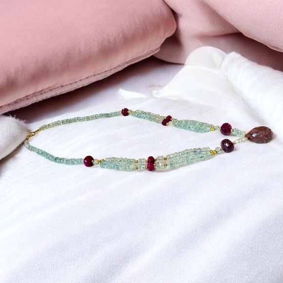 Hand-Faceted Raw Ruby & Aquamarine Gold Over Sterling Necklace - Picture 4 of 6